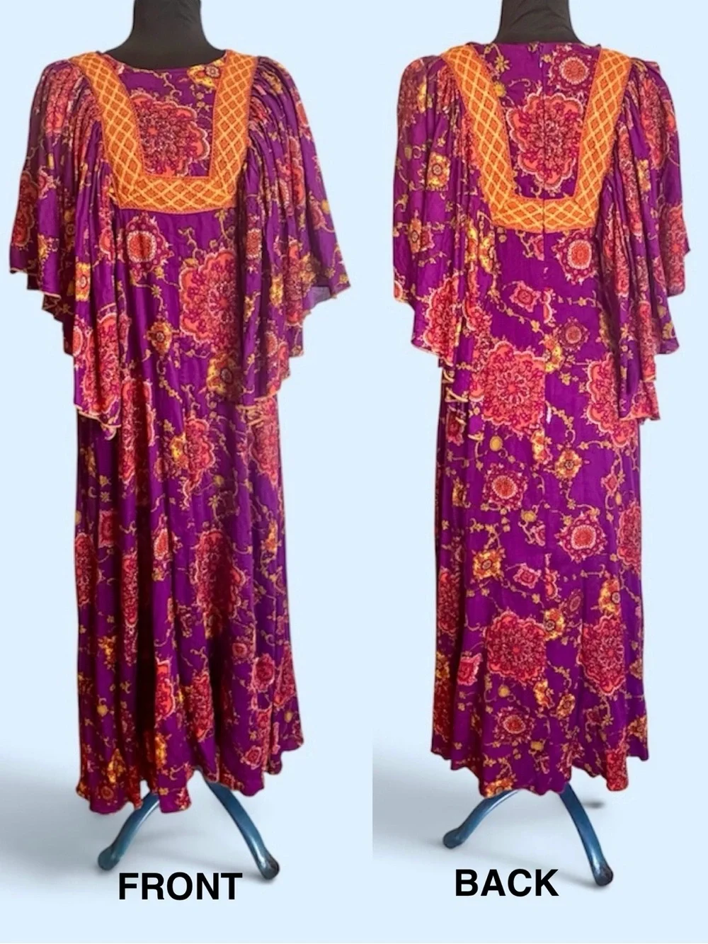Hippie Shake Purple Mandala Maxi Dress Flutter Sleeve 1970s Style Gypsy Femme